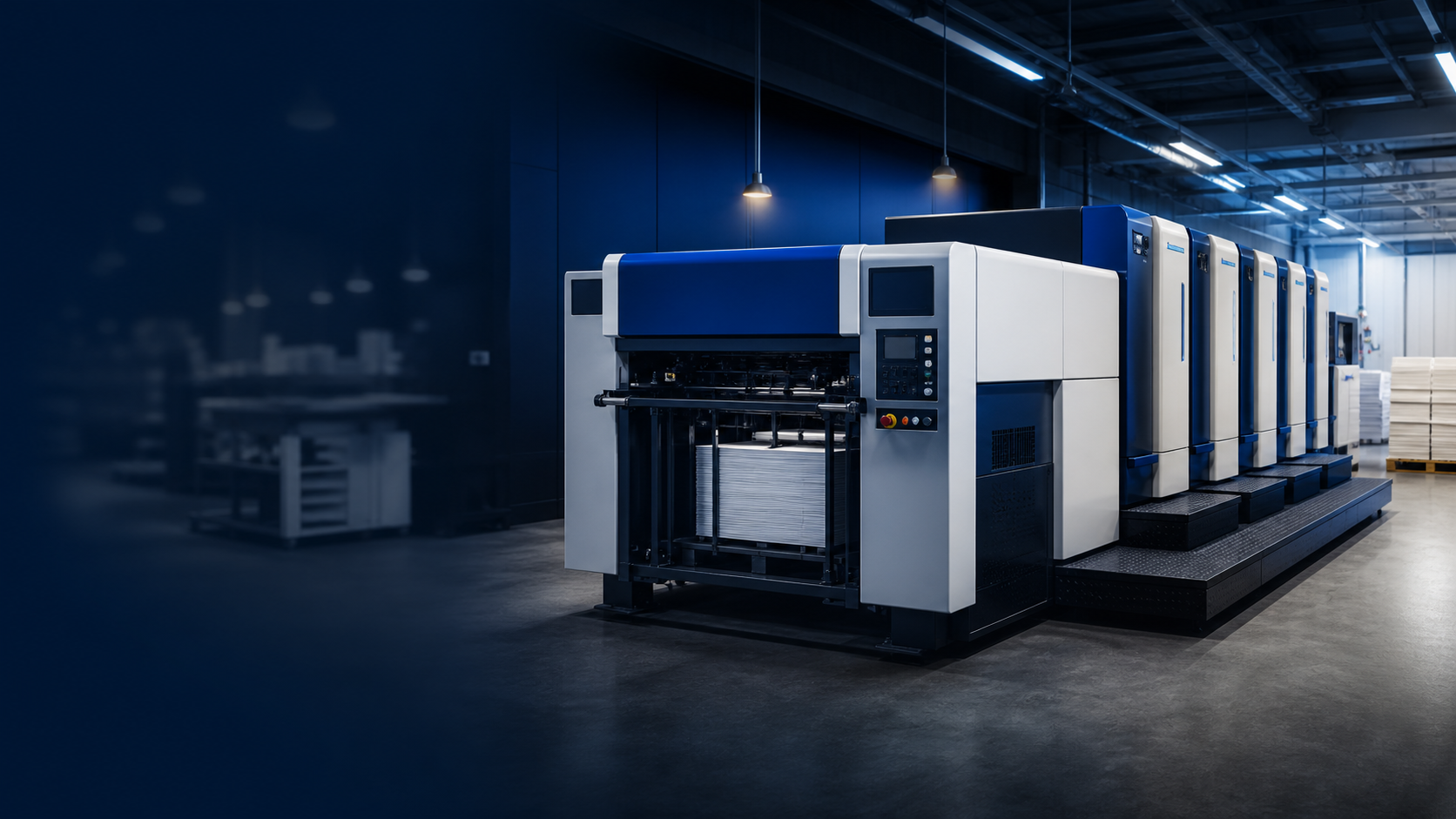Four-colour offset press in a commercial print facility